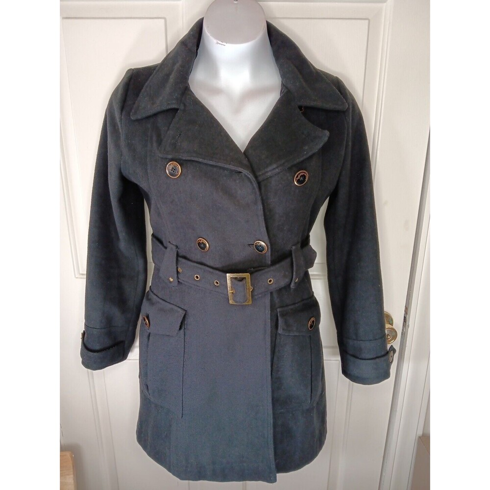 Vintage Apple Bottoms Peacoat Large Black Y2K Belted Wool Blend Pockets EUC